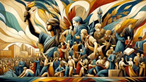 Ilustración que representa un mural con multitud de personas de diferentes razas, edades y religiones